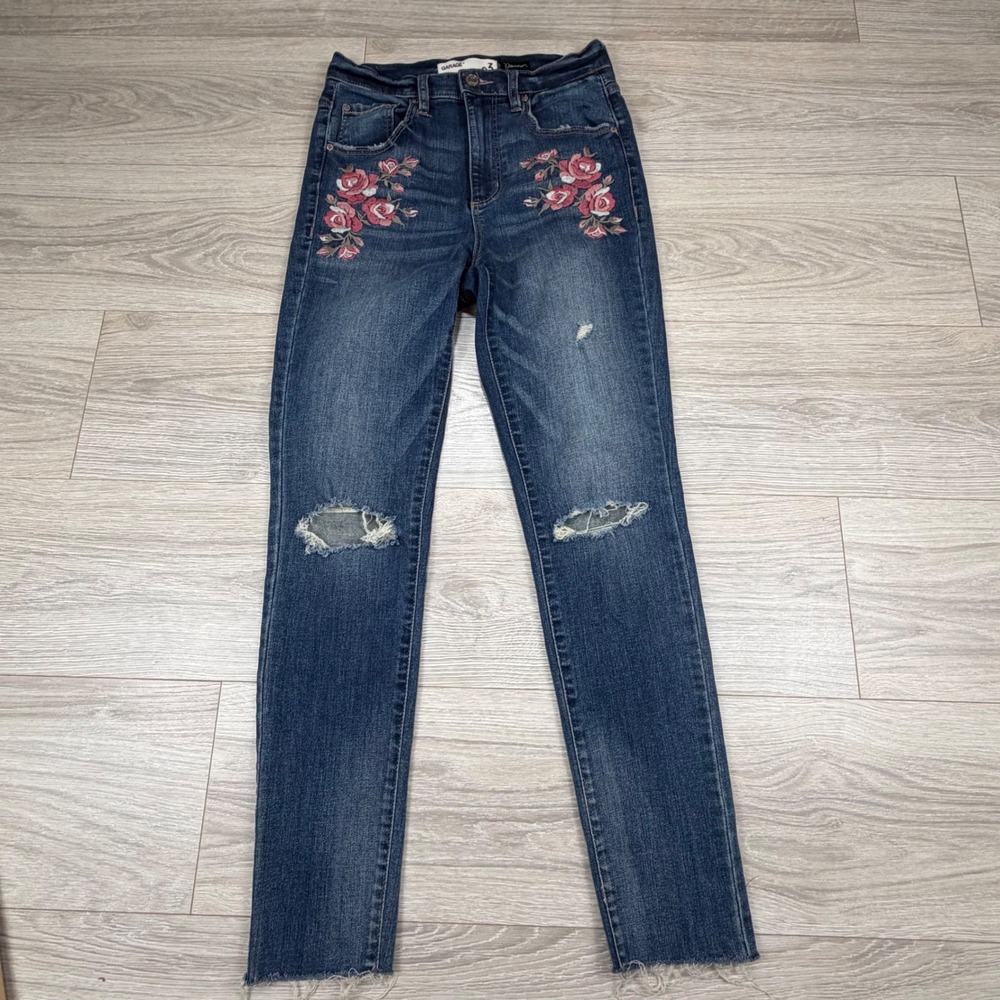 Garage Premium Dark Wash Floral Rose Embroidered Distressed Skinny Jeans Size 03
